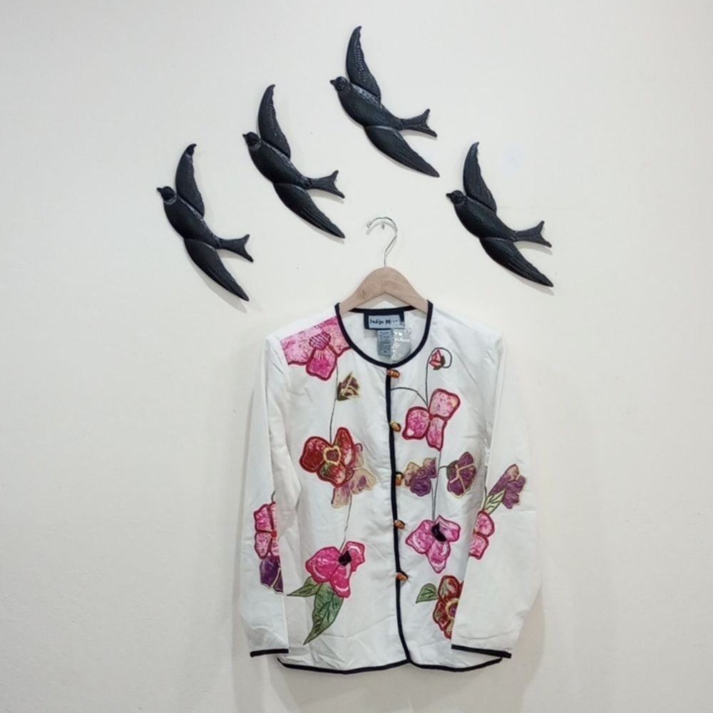 Indigo Moon Linen Blend Floral Embroidered Collarless Boho Jacket - M - NEW!